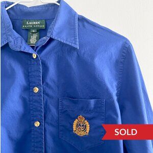 Ralph Lauren Gold Crest Blue Button Down Shirt Women M Preppy Oxford Collared
